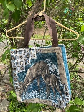 Quilted Deer Scene Tote Bag in Blue and Brown